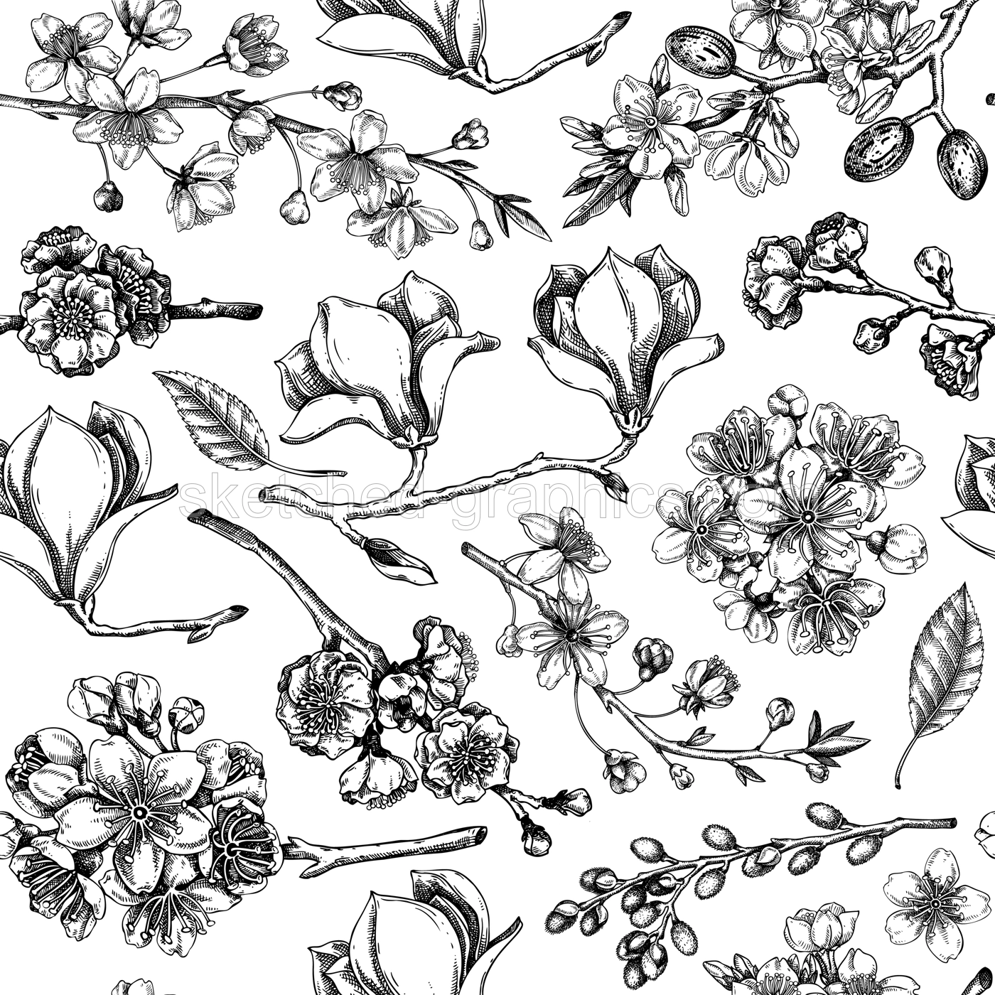 Spring vector background. Blooming branches sketches. Hand-drawn botanical illustration. Floral seamless pattern. NOT AI genereted Illustration